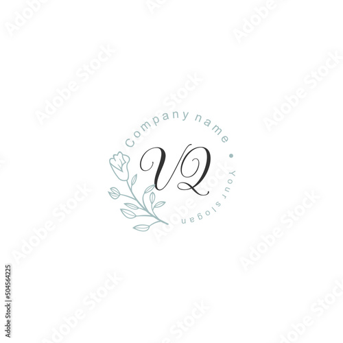 Initial letter VQ handwriting with floral frame template