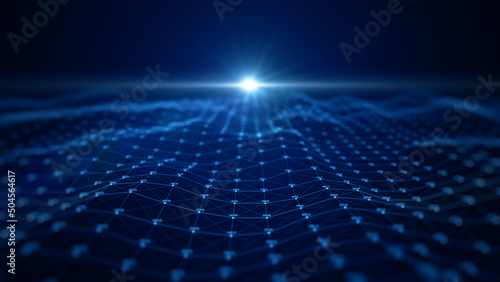 Technology digital data network with dots and lines, Globe blockchain and small binary polygon abstract background 3d rendering