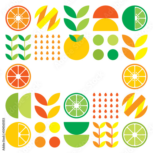 Minimalist flat vector frame in citrus fruit symbol. Simple geometric illustration of oranges, lemons, lemonade and leaves. Abstract orange design on white background. Good for posters or banners.