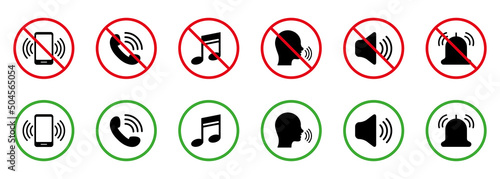 Notification Call Black Silhouette Icon Set. Silence Mute Zone Red Forbidden Round Sign. Use Phone Speak Loud Allowed Area Green Symbol. Warning Ban Noise Rule. Isolated Vector Illustration