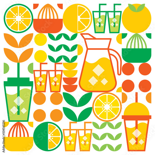 Simple flat illustration of abstract shapes of citrus fruits, lemons, lemonade, limes, leaves and other geometric symbols. Fresh orange juice ice drink icon with glass, jug, straw and plastic cup.