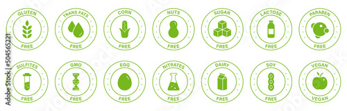 Free Allergy Ingredient Silhouette Green Stamp Set. Label. No Soy, Transfat, Nut, Gluten, Corn, Dairy, Sugar, Paraben, Nitrates Outline Logo. Vegan Food Icon. Isolated Vector Illustration photo
