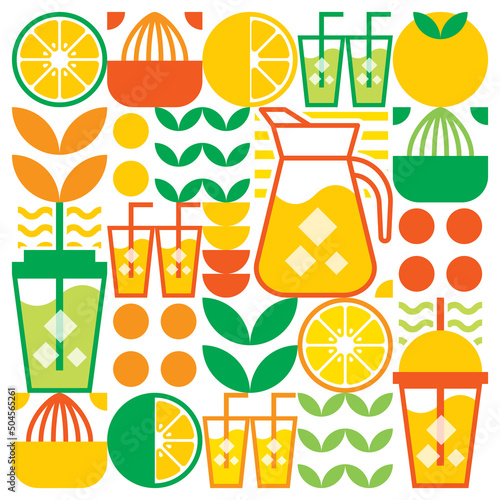 Simple flat illustration of abstract shapes of citrus fruits, lemons, lemonade, limes, leaves and other geometric symbols. Fresh orange juice ice drink icon with glass, jug, straw and plastic cup.