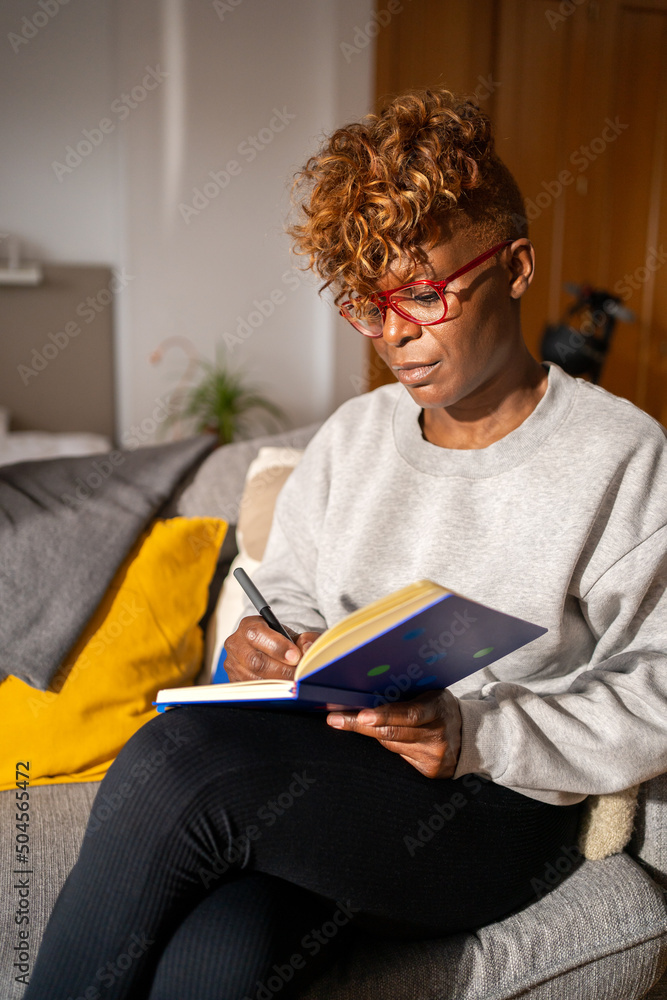 Black Woman Writing On A Notebook On The Couch. Black Woman Writing On A Notebook On The Couch.