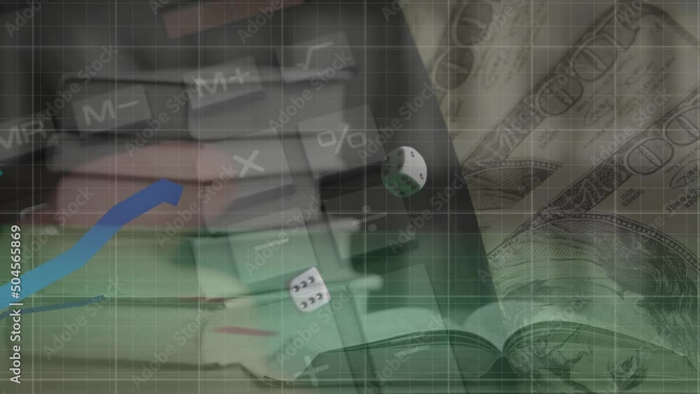 Animation of data processing over banknotes and dices Animation of data processing over banknotes and dices