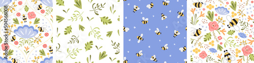 Meadow floral summer pattern set. Flowers and honey Bee nature repeated background. Vector illustration.