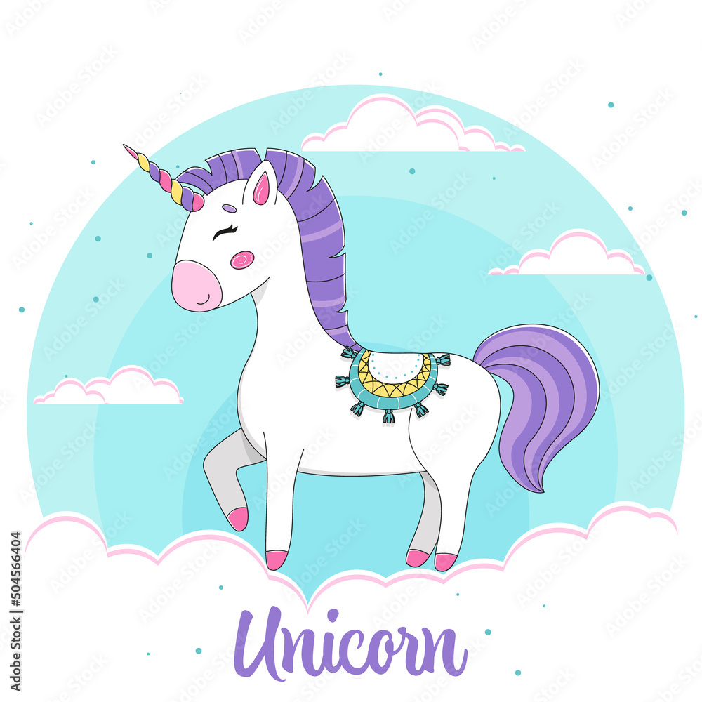 Fototapeta premium Vector illustration of a cute unicorn, unicorn standing on a cloud, cartoon unicorn character vector