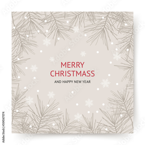 Merry Christmas winter holiday greeting card with snowflakes and branches of a Christmas tree on a neutral pastel beige background. Vector illustration