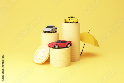 Car (automobile) insurance and collision damage waiver concept surrounding by gold coin with sport car model and umbrella shield isolated on yellow pastel background. realistic 3d render photo