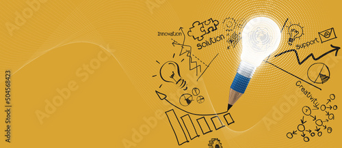 Blue 3d lightbulb merge pencil draws business strategy on yellow background, Business success, innovation and solution concept, copy space banner.