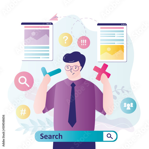 Unhappy man cannot determine what is true and what is fake news. Propagandists spread disinformation on internet. Search bar. Hoax news, global online propaganda in social media.