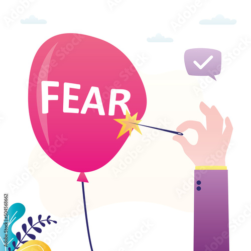 Person with needle pierces balloon with inscription fear. Concept of overcoming fears and solving mental problems