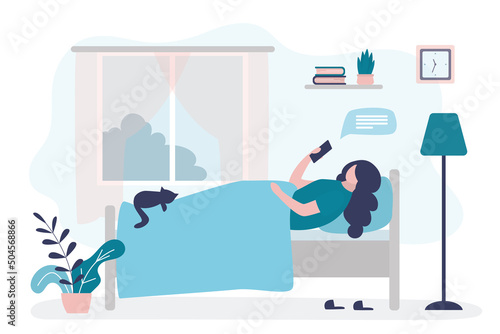 Female character lying in bed with phone. Woman after waking up checks messages. Bedroom interior. Girl communicates on social networks. Beginning of new day. Modern lifestyle.