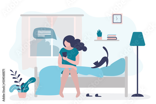 Female character sitting on bed with mobile phone. Woman woke up and immediately checks social networks. Bedroom interior. Girl after waking up with smartphone. New day, morning.