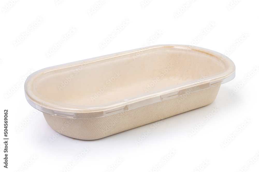 Paper food container with plastic lid isolated on white background
