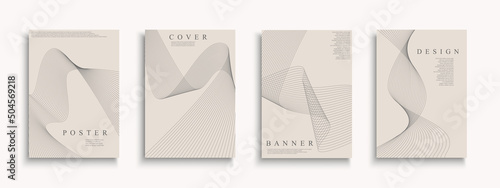 Set of stylish monochrome covers, templates, backgrounds, placards, brochures, banners, flyers, magazines. Striped beige posters, cards etc. Creative minimalistic design - abstract wavy lines