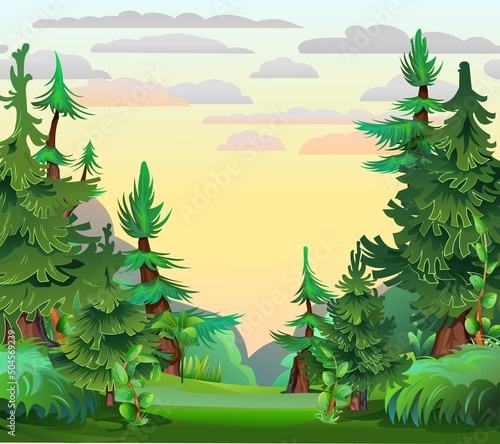 Place among thickets Pine forest. Coniferous spruce trees. Landscape cartoon style. Vector