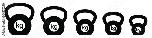 Weight icon. Kg weight logo. Kettlebell icons. Set of different dumbbell. Vector illustration.