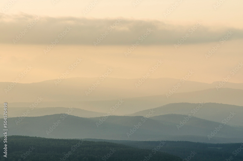 The Southern Urals, the Ural Mountains in the haze from forest fires.