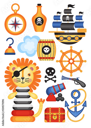 Set of vector cartoon icons with toys on a pirate theme. Children's holiday, kids' party, stickers, games.