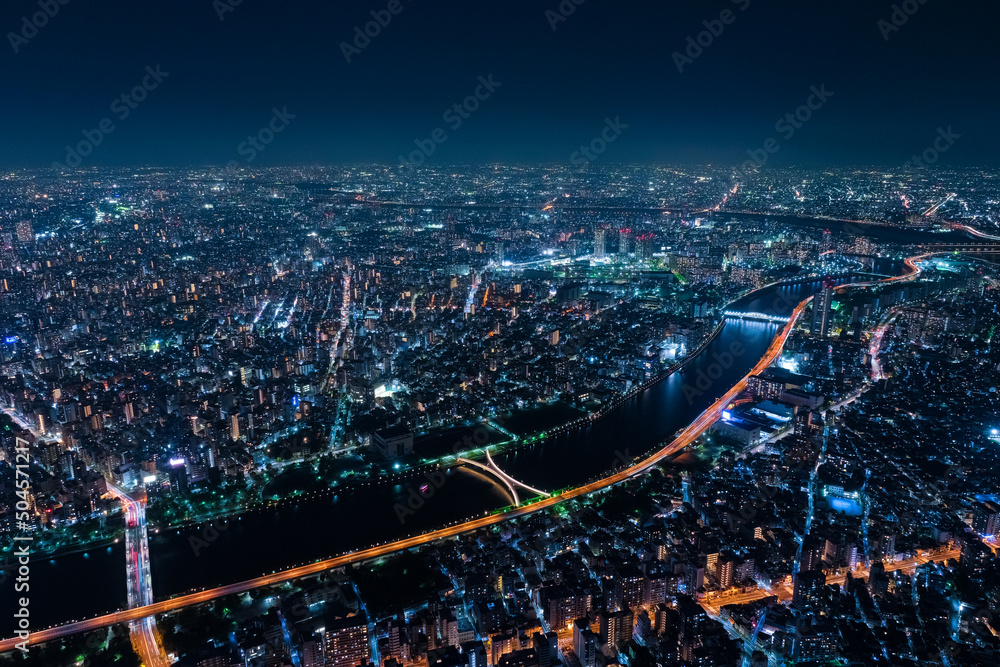 東京都 東京スカイツリー展望台（展望回廊）から見る東京、隅田川の夜景