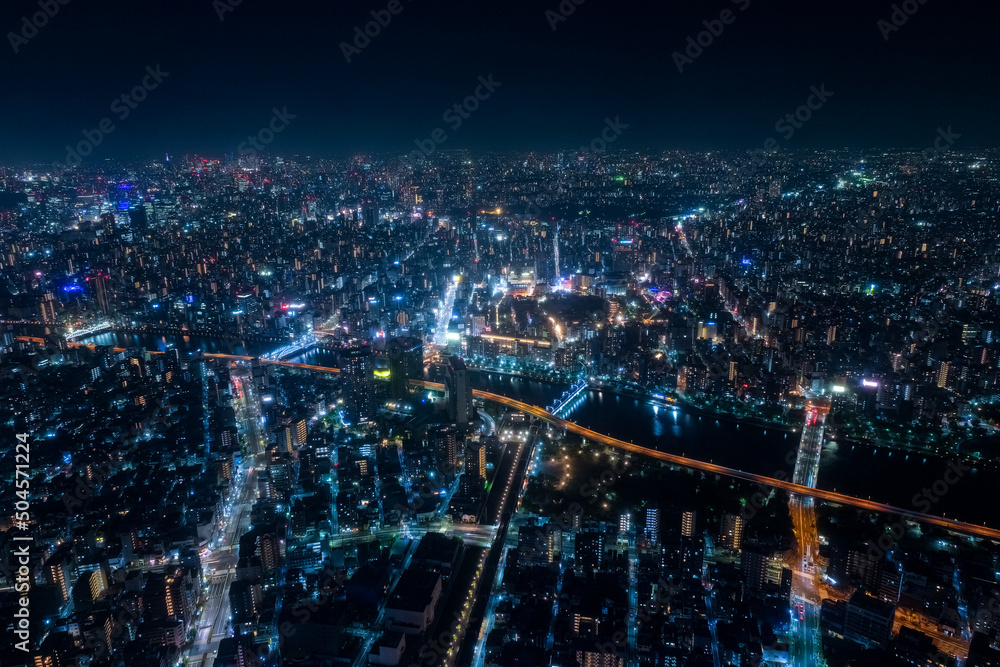 東京都 東京スカイツリー展望台（展望デッキ）から見る隅田川、浅草方面の夜景
