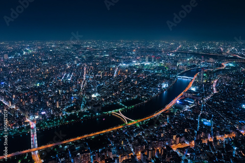 東京都 東京スカイツリー展望台（展望回廊）から見る東京、隅田川の夜景