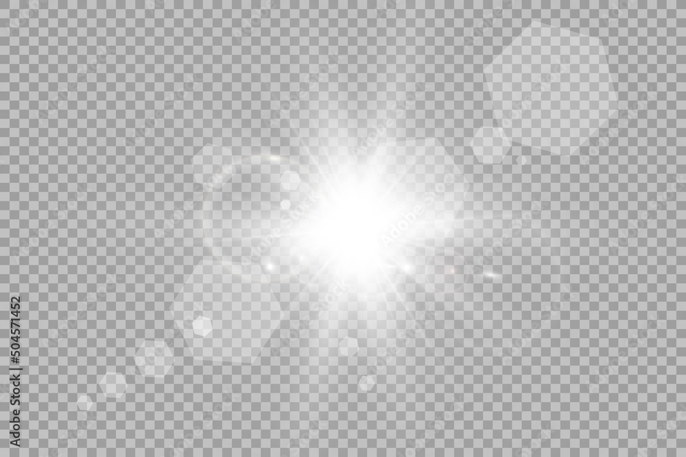 Special lens flash, light effect. The flash flashes rays and searchlight. illust.White glowing light. Beautiful star Light from the rays. The sun is backlit. Bright beautiful star. Sunlight. Glare.	