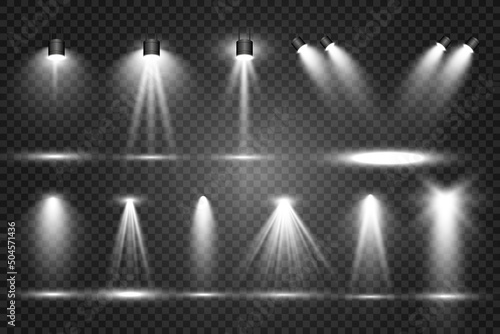   Collection of stage lighting  catwalk or platform  transparent effects. Bright lighting with spotlights. Light effect. Projector. 