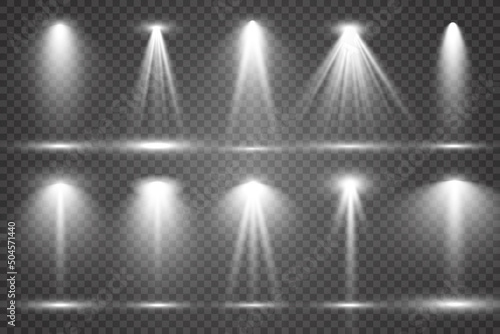   Collection of stage lighting  catwalk or platform  transparent effects. Bright lighting with spotlights. Light effect. Projector. 