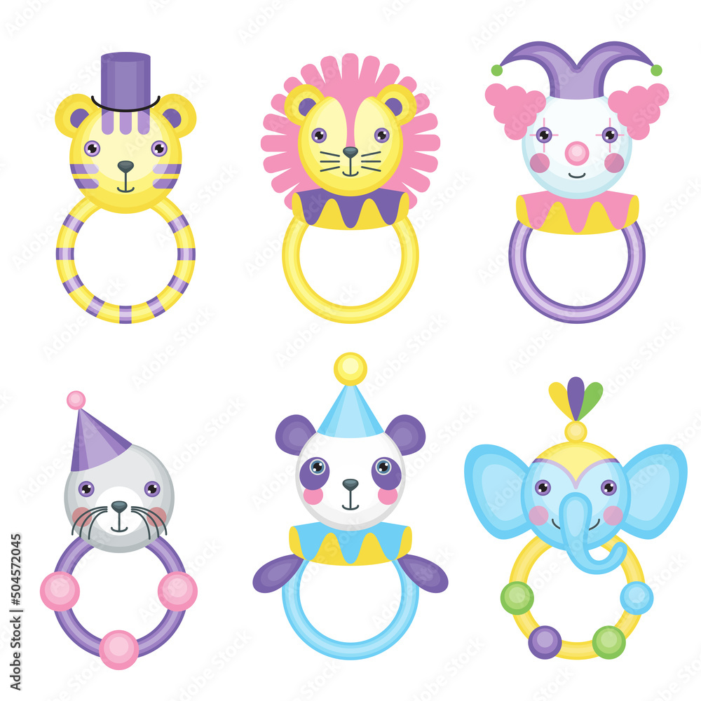 Obraz premium A set of circus beanbag toys. Children's holiday, kids' party, stickers, games. Rattle collection.