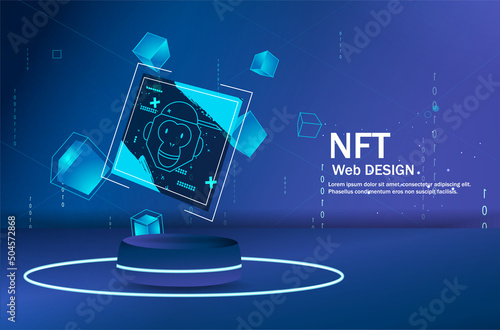 Concept of NFT ,non-fungible token with network vector on dark background. Vector illustration concept nft banner for website. Non-renewable token. Vector illustration.