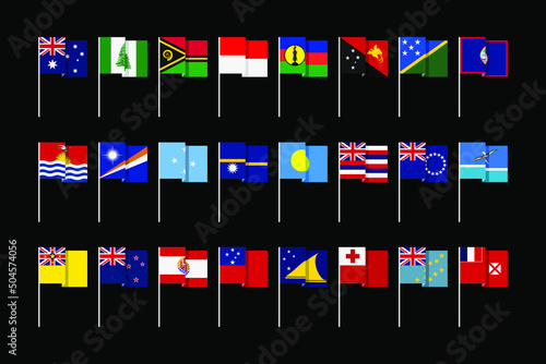Flags of states and dependent territories of Australia and Oceania. Unusual, toy, minimal graphic design.