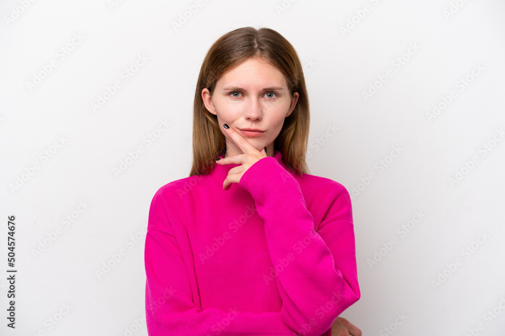 Young English woman isolated on white background thinking Young English woman isolated on white background thinking