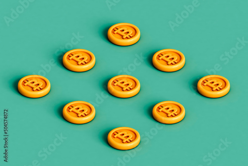 set of yellow cartoonish bitcoins. blockchain concept in 3d. photo