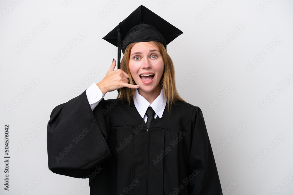 Young university graduate English woman isolated on white background making phone gesture. Call me back sign Young university graduate English woman isolated on white background making phone gesture. Call me back sign
