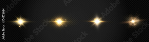 Set of light effects golden glowing light isolated on transparent background. Solar flare with rays and glare. Glow effect. Starburst with shimmering sparkles. 