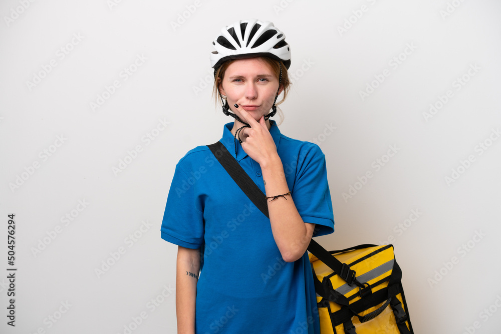 Young English woman with thermal backpack isolated on white background thinking Young English woman with thermal backpack isolated on white background thinking