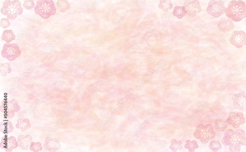 【ベクターai】桜や梅イメージのお花コラージュフレーム飾り　ピンク色水彩画テクスチャー背景壁紙イラスト素材　