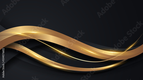 Abstract elegant 3D golden wave lines shapes on black background luxury style with lighting effect