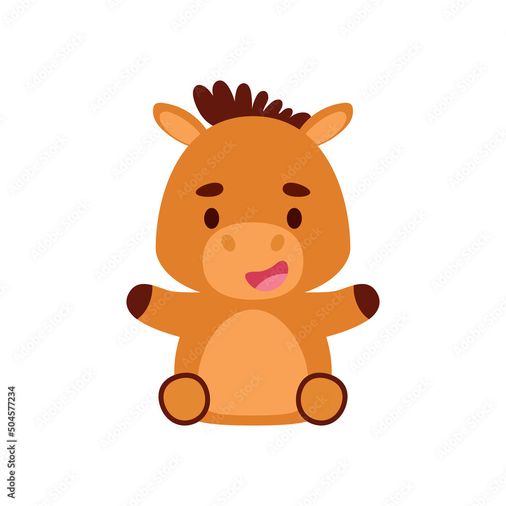 Cute little sitting horse. Cartoon animal character design for kids t-shirts, nursery decoration, baby shower, greeting cards, invitations, bookmark, house interior. Vector stock illustration Cute little sitting horse. Cartoon animal character design for kids t-shirts, nursery decoration, baby shower, greeting cards, invitations, bookmark, house interior. Vector stock illustration