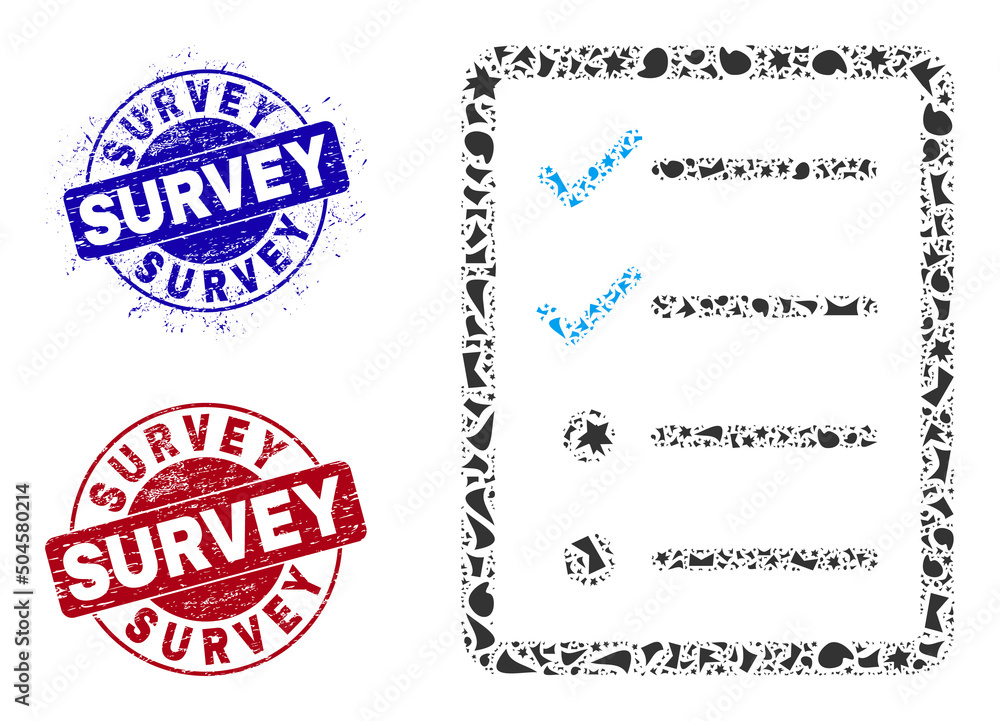 Fototapeta premium Round SURVEY dirty stamp imitations with tag inside round shapes, and debris mosaic checklist page icon. Blue and red stamps includes SURVEY title. Checklist page mosaic icon of debris items.