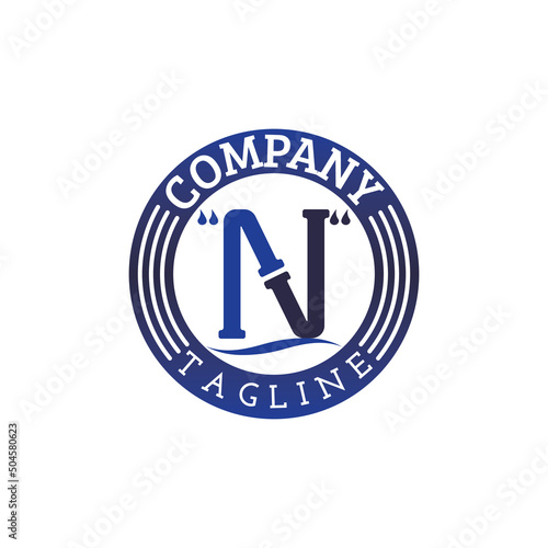 Vector letter N logo template combined with pipe and water, Perfect to use for engineering, plumbing or related business. photo