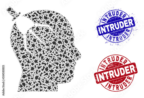 Round INTRUDER textured seals with caption inside round forms, and fragment mosaic brain intruder icon. Blue and red stamp seals includes INTRUDER tag. Brain intruder mosaic icon of shards elements.