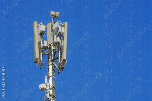 Telecommunication tower transmitting digits signals of cellular mobile 5g 6g. Wireless Communication Antenna Transmitter. Telecommunication tower with antennas