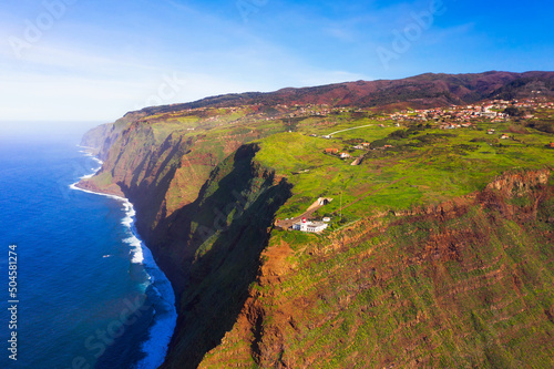 Aerial view of the Ponta do Pargo Lighthouse in the Madeira Islands, Portugal