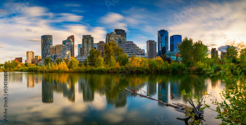 City skyline of Calgary with Bow River  Canada