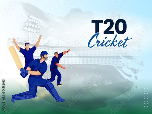T20 Cricket Championship Concept With Faceless Cricketer Players In Playing Pose On Blue And Gray Brush Stroke Background.
