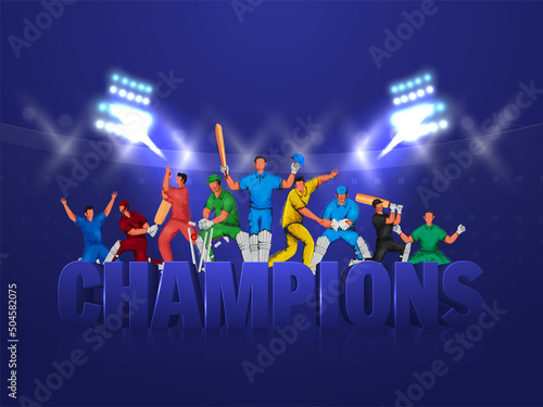 3D Championship Font With Faceless Cricket Players In Action Pose On Blue Stadium Lights Background.