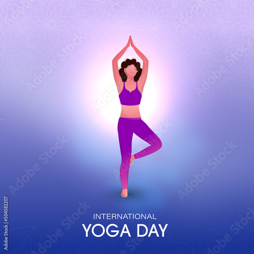 Faceless Young Lady Practicing Vrikshasana Pose On The Occasion Of International Yoga Day.